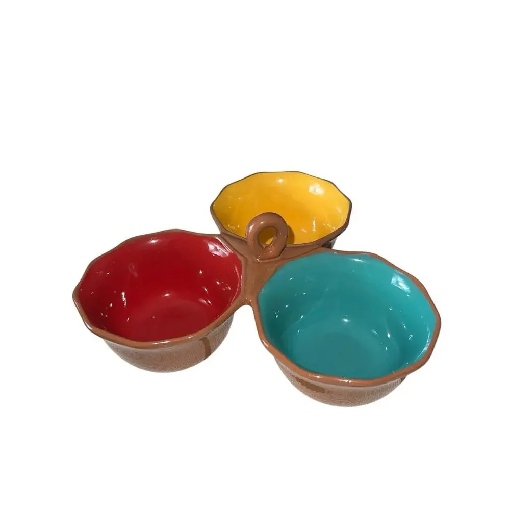World‎ Market 3-Section Ceramic Condiment Trio Server Salsa Dip Bowl Scalloped
